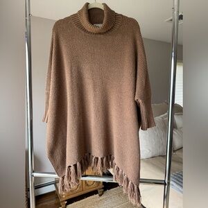 AprilMarin Women’s Fringed Knit Poncho Sweater - tan, one size fits all
